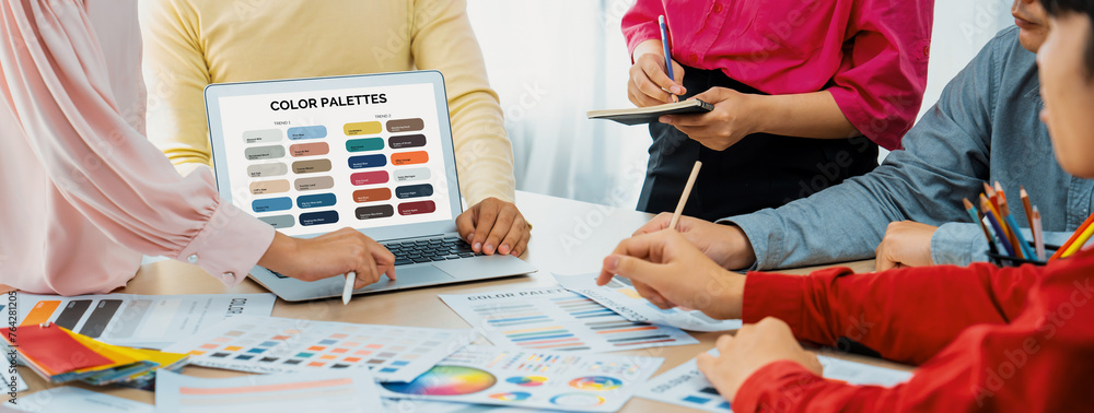 Poster a portrait of creativity graphic designer team select appropriate color for the project by using lap