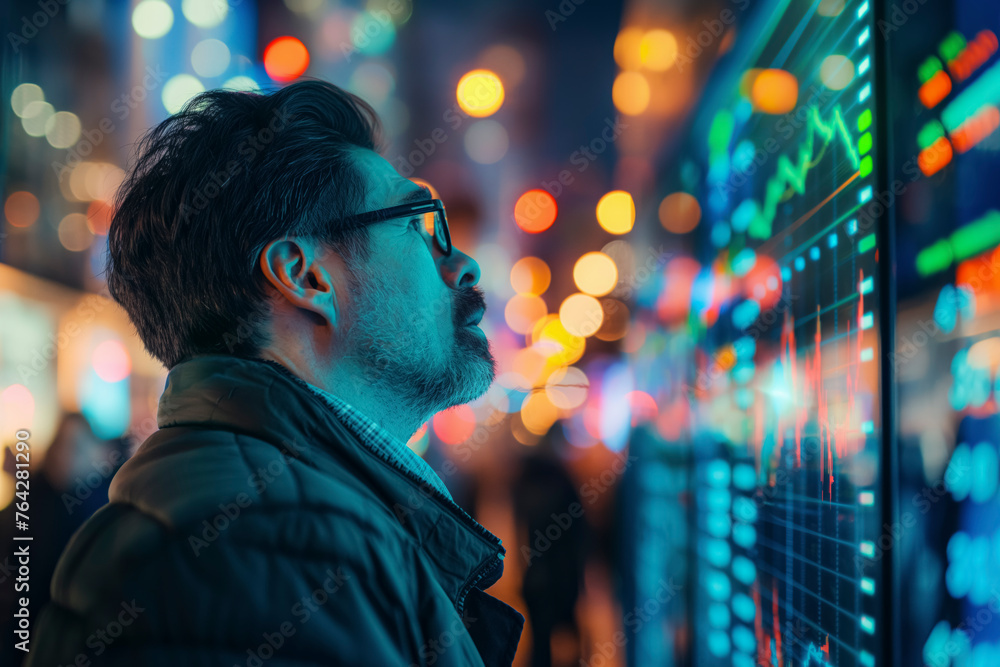 Poster navigating market business trends: a man is looking at a computer screen with a lot of numbers on it