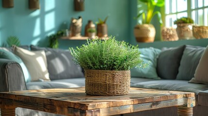 Cozy living room corner with a wooden coffee table, vibrant houseplant in a wicker basket, and a luxurious grey sofa, bathed in natural light for a tranquil vibe