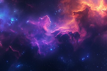 An image capturing a vibrant space filled with shining stars and billowing clouds, A digital representation of gas clouds in nebula, filled with powerful colors, AI Generated