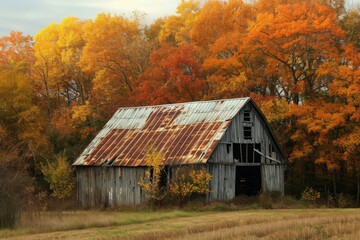 An aged barn stands in a vast field, surrounded by tall trees and under a clear sky, A dilapidated barn in an autumn setting, AI Generated