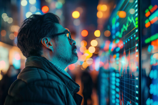 Navigating Market Business Trends: A man is looking at a computer screen with a lot of numbers on it, Businessman Analyzing Forex Data for Strategic Investment Decisions in a Digital Economy