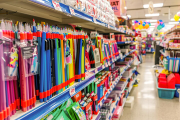 A stationery store with shelves of colorful pens, neatly stacked notebooks, and assorted office supplies.