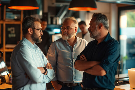 Business Corporate Collaboration: Three men are standing in a restaurant, one of them is wearing glasses, Professional Team Strategizing and Brainstorming with Technology in Modern Office Setting