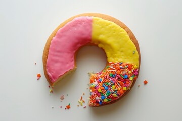 A close-up photo of a donut with a missing bite, revealing its fluffy interior and sugary glaze, A doughnut chart comparing high performing and low performing investments, AI Generated