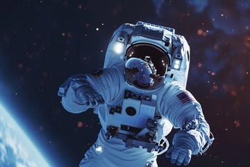 Astronaut Standing in Front of Planet, A dramatic picture of an astronaut clad in a bright white suit floating past the International Space Station, AI Generated - Powered by Adobe