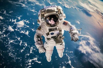 Astronaut Floating in Space Above Earth, A dramatic picture of an astronaut clad in a bright white suit floating past the International Space Station, AI Generated - obrazy, fototapety, plakaty