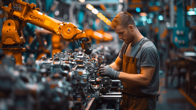 a factory worker assembling machines in a car factory