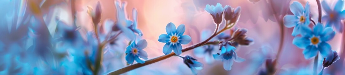 A closeup of forget-me-nots, their tiny blue flowers resembling stars against the soft background A blurred or bokeh effect used to create an ethereal feel for a charming wallpaper Generative AI