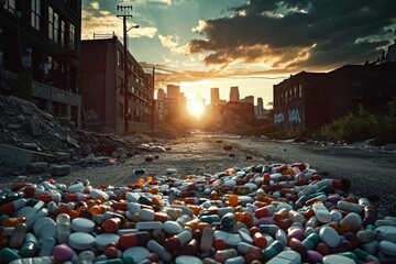 A concerning scene captures a pile of pills left unattended in the center of a busy street, A dramatic representation of the opioid epidemic sweeping across a city, AI Generated