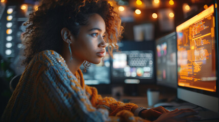 Beautiful female programmer using a computer working in the office