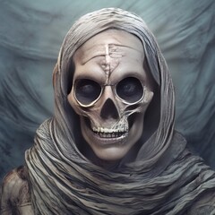 Ancient spooky mummy portrait with horror skull and spooky costume, 3D illustration.