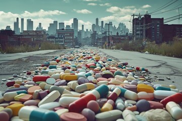 A photo capturing a significant quantity of pills left neglected and scattered along the side of a road, A dramatic representation of the opioid epidemic sweeping across a city, AI Generated - obrazy, fototapety, plakaty
