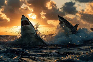 Two sharks swimming together in the ocean, A dramatic scene of great white sharks hunting their...