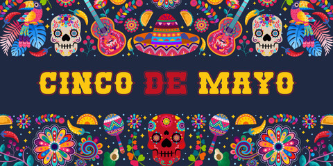 cinco de mayo banner with colorful Mexican flowers. Fiesta, holiday poster, party flyer, greeting card