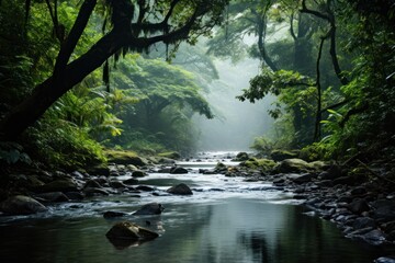 A stream winds its way through dense, vibrant green forest