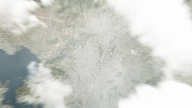 Earth zoom in from space to Ilion, Greece. Followed by zoom out through clouds and atmosphere into space. Satellite view. Travel intro. Images from NASA