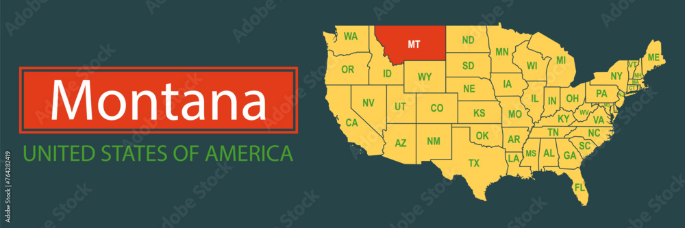 Poster Banner, highlighting the boundaries of the state of Montana on the map of the United States of America. Vector map borders of the USA Montana state.