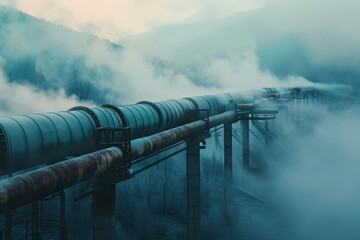 A large pipe billows out steam into the surrounding area, A dreamy vision of pipelines enveloped in morning fog, AI Generated - obrazy, fototapety, plakaty