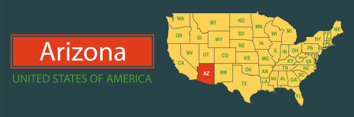 Banner, highlighting the boundaries of the state of Arizona on the map of the United States of America. Vector map borders of the USA Arizona state.