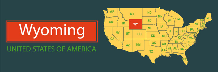 Banner, highlighting the boundaries of the state of Wyoming on the map of the United States of America. Vector map borders of the USA Wyoming state.