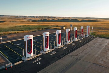 A line of gas pumps standing on a parking lot, ready for vehicles to fuel up, A drone view of multiple high-speed charging stations in an open field, AI Generated - obrazy, fototapety, plakaty