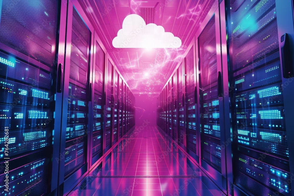 Poster a corridor filled with neatly arranged rows of servers, while a cloud hovers gracefully above them, 
