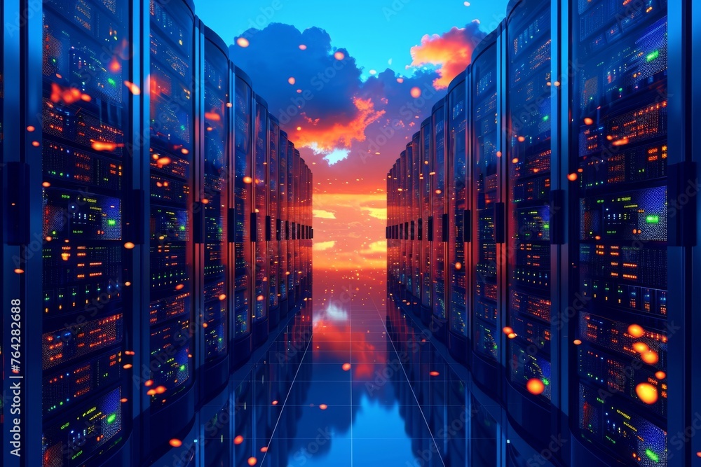 Poster A long hallway filled with numerous servers, providing a glimpse into a technologically advanced infrastructure, A dynamic view of cloud storage servers, AI Generated