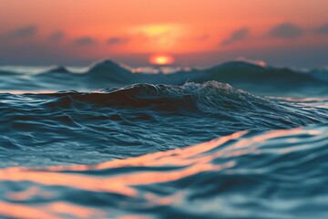 The sun is seen slowly descending towards the horizon, casting a warm golden glow over the rolling waves of the ocean, A dynamic ripple of ocean waves during twilight, AI Generated