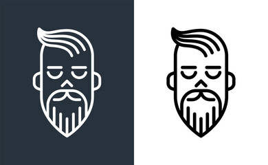 Bearded man head logo in trendy linear art style, simple minimal modern vector icon.
