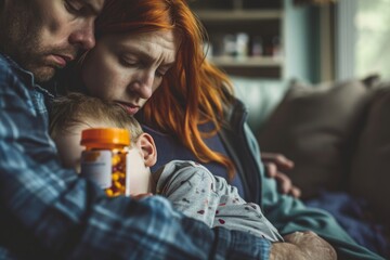 A man and woman lovingly cradle their newborn baby in their arms, A family dealing with the effects of opioid addiction, AI Generated