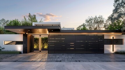 A modern house gate design featuring clean geometric shapes, integrated lighting, and smart...