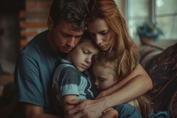 A man and a woman are embracing a child, displaying affection and closeness, A family dealing with the effects of opioid addiction, AI Generated