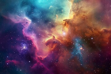This photograph showcases a vibrant and dynamic space illuminated by numerous stars, A fantastical celestial cloud in myriad hues of a nebula, AI Generated - obrazy, fototapety, plakaty