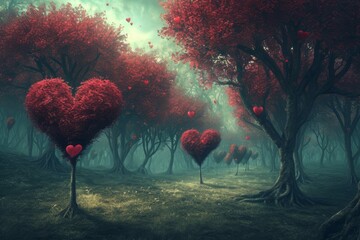 A striking heart-shaped tree stands prominently amidst the dense foliage of a vibrant forest, A fantastical forest filled with heart-shaped trees, AI Generated