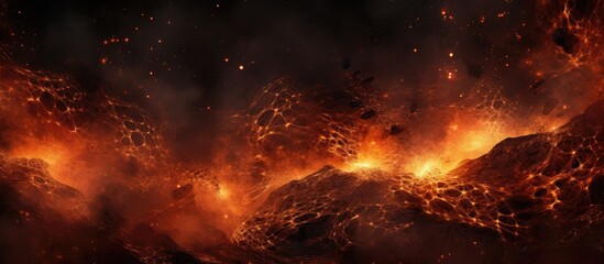 A dark background featuring a surreal scene of orange and black lava with stars scattered across the sky