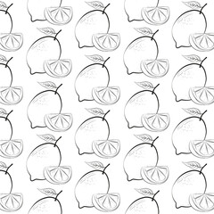 Seamless pattern with fresh lemon fruit in line drawing style. Vector illustration on a white background