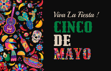 happy cinco de mayo banner with colorful Mexican ornament. Fiesta, holiday poster, party flyer, greeting card