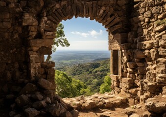 View of valley through ancient stone window opening