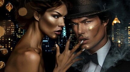 A man and a woman posing in a fashionable look and looking at the camera. The scene is glamorous and sophisticated. Stylish couple in a family look. Illustration for brochure, advertising or marketing