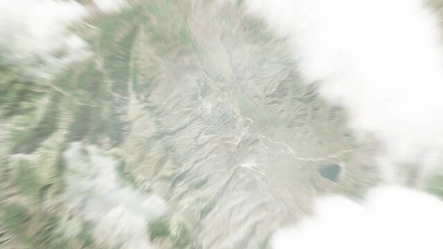 Earth zoom in from space to Gjirokaster, Albania. Followed by zoom out through clouds and atmosphere into space. Satellite view. Travel intro. Images from NASA
