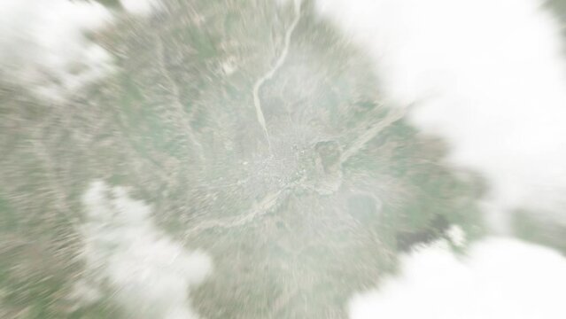 Earth zoom in from space to Elbasan, Albania. Followed by zoom out through clouds and atmosphere into space. Satellite view. Travel intro. Images from NASA