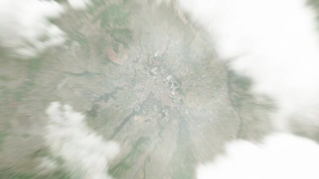 Earth zoom in from space to Leskovac, Serbia. Followed by zoom out through clouds and atmosphere into space. Satellite view. Travel intro. Images from NASA