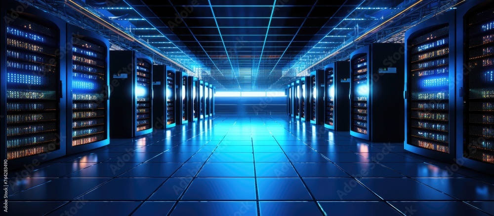 Poster a cluster of servers lined up in a data center, each emitting a soft blue glow, creating a futuristi