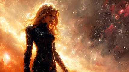 a woman in a black dress is standing in front of a star filled sky