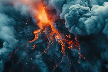 An aerial photograph showcasing the dynamic interaction between molten lava and the ocean, as the flowing lava enters the water, A fiery volcanic eruption with swirling smoke and lava, AI Generated - obrazy, fototapety, plakaty