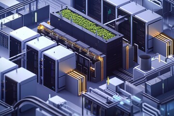 A group of servers overtaken by plants and vegetation, showcasing the resilience of nature in unexpected spaces, A flipbook style animation of a day in the life of a NAS system, AI Generated - obrazy, fototapety, plakaty