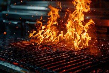 Barbecue Grill in Action, Steaks Amidst Leaping Flames
