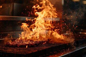 Hot Flames Engulfing Steak on the Grill, Vibrant Fire Action