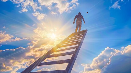 Go to success. A person climbing a ladder into a blue sunny sky. The concept of ambition and goal achievement. Illustration for cover, card, postcard, interior design, decor or print. - obrazy, fototapety, plakaty